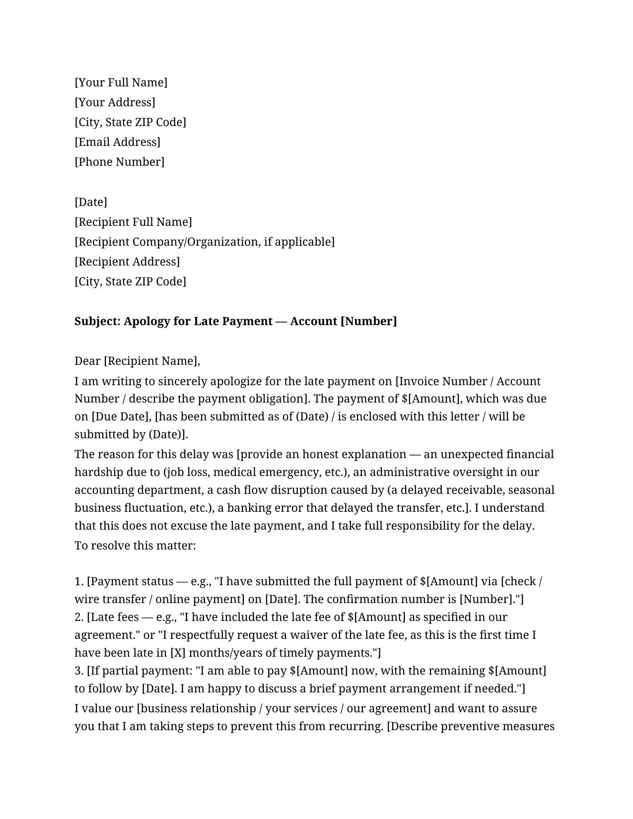 Apology Letter For Late Payment Template - Free Preview