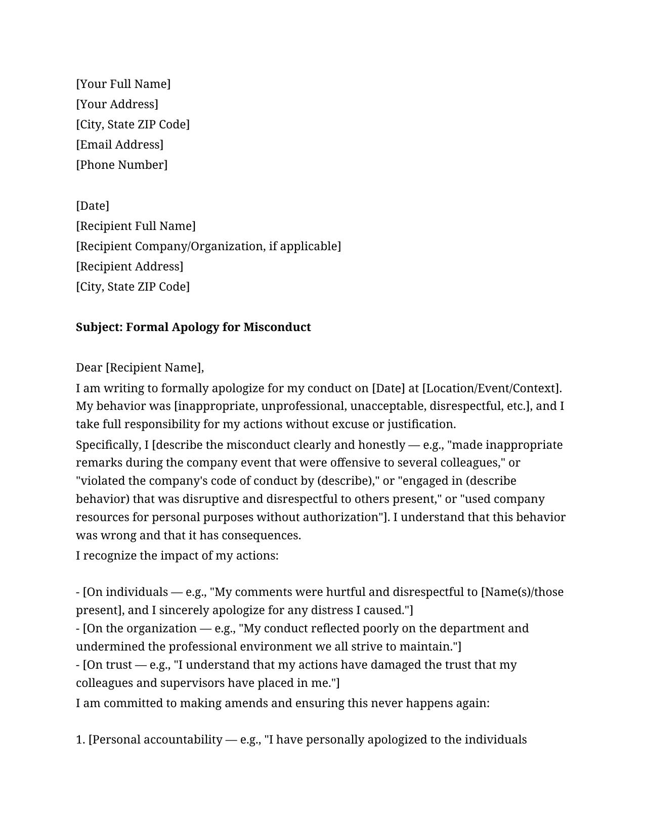 Apology Letter For Misconduct Template - Free Preview