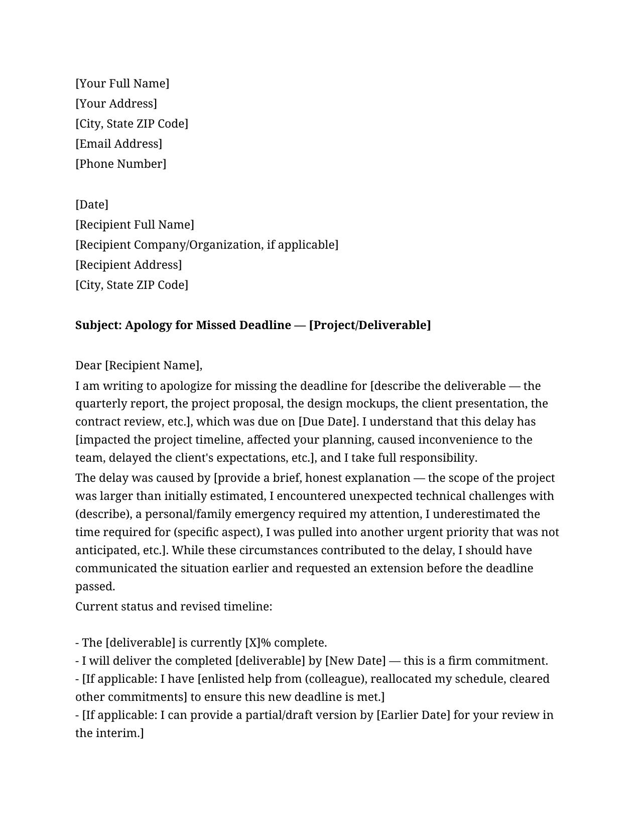 Apology Letter For Missed Deadline Template - Free Preview
