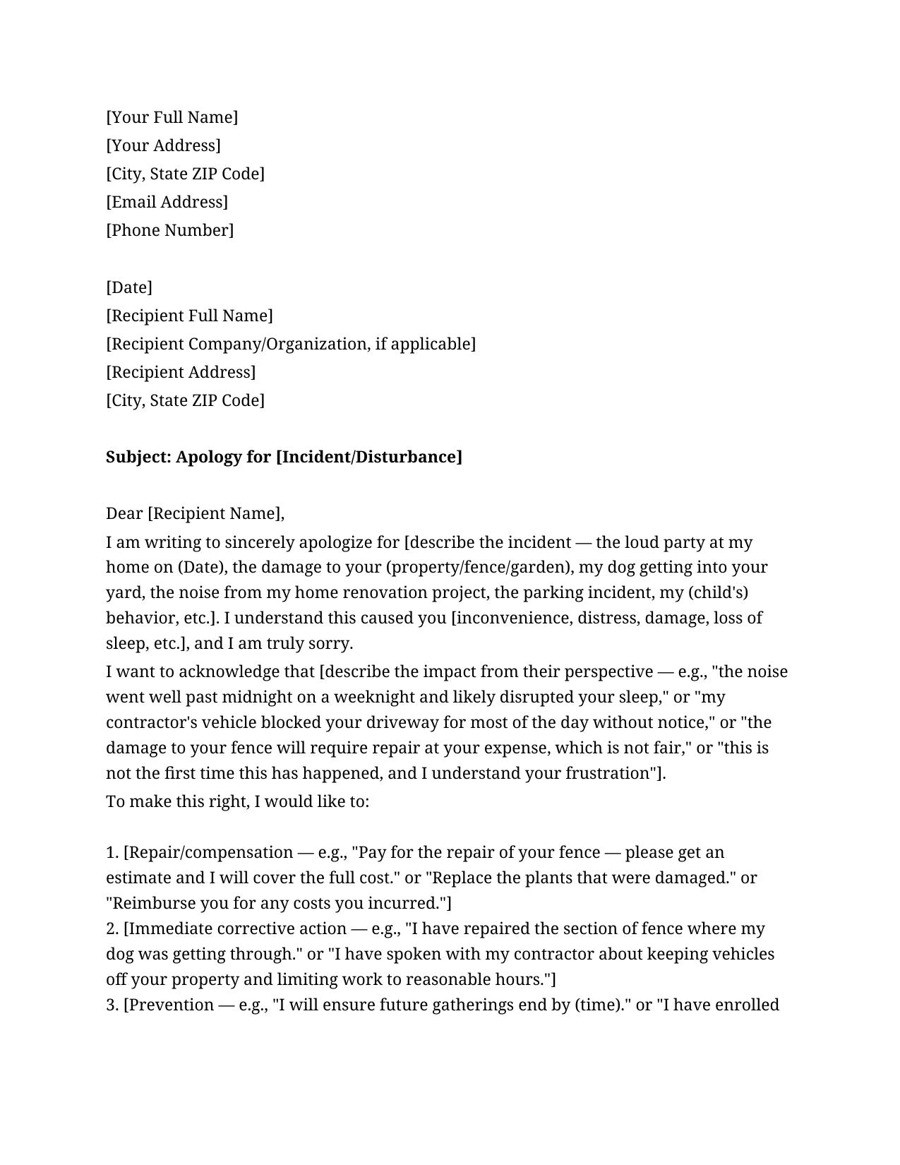 Apology Letter To Neighbor Template - Free Preview