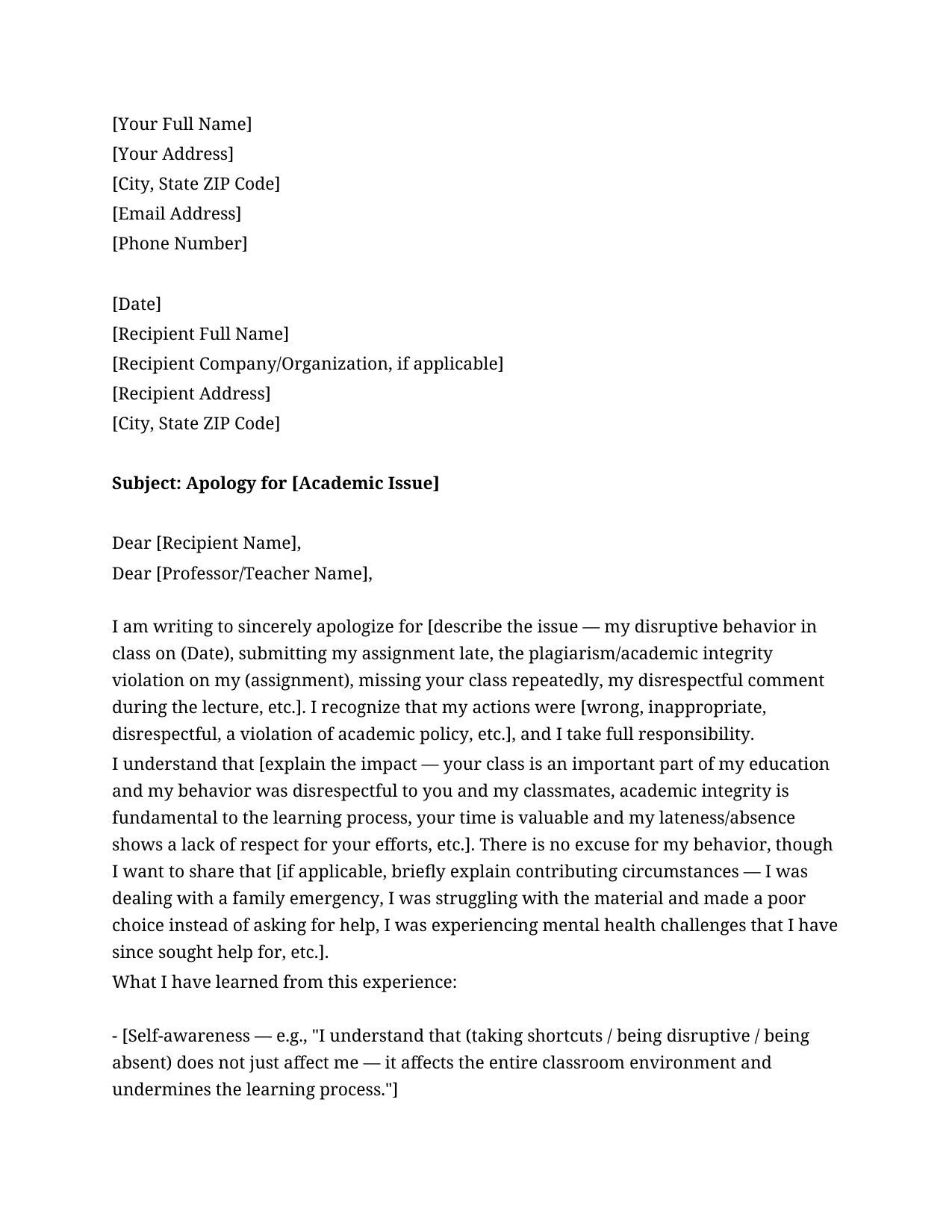 Apology Letter To Teacher Or Professor Template - Free Preview