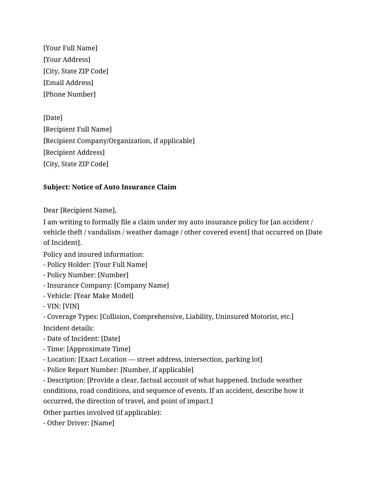 Auto Insurance Claim Letter Template - Free Preview