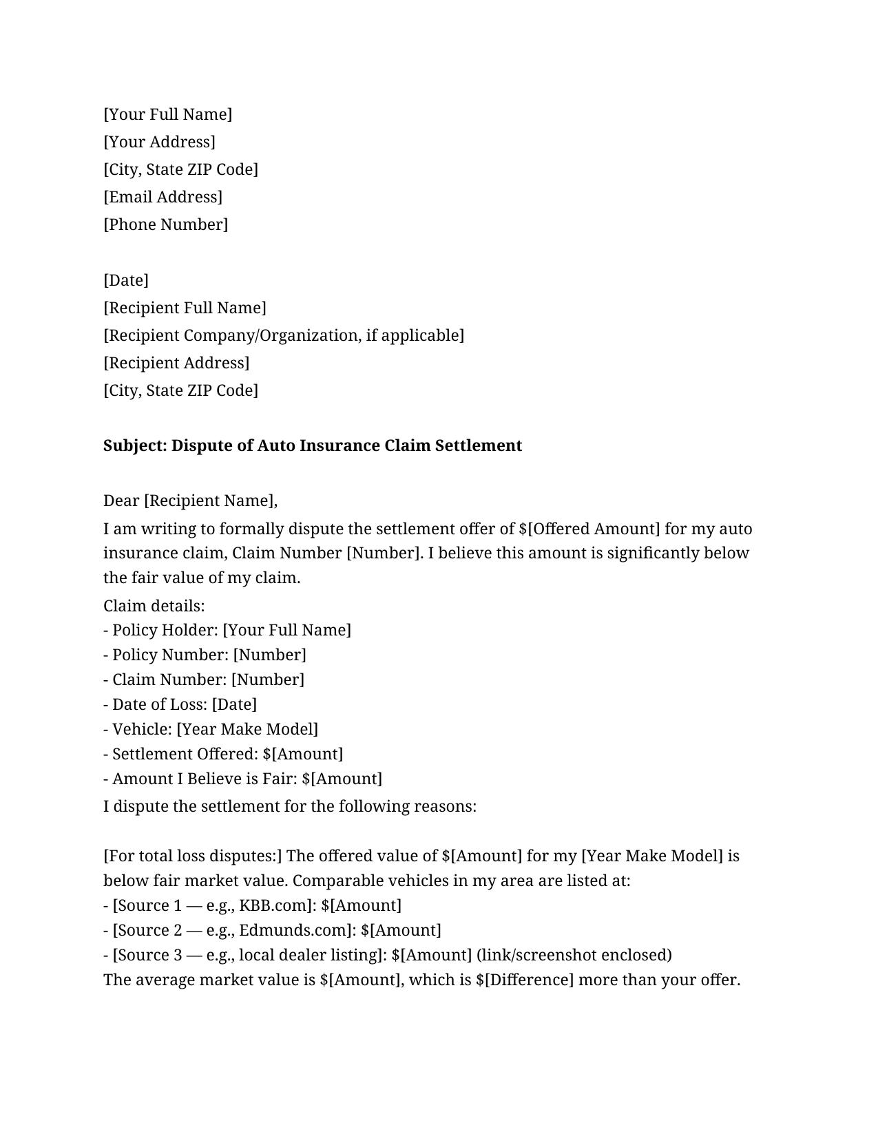 Auto Insurance Dispute Letter Template - Free Preview