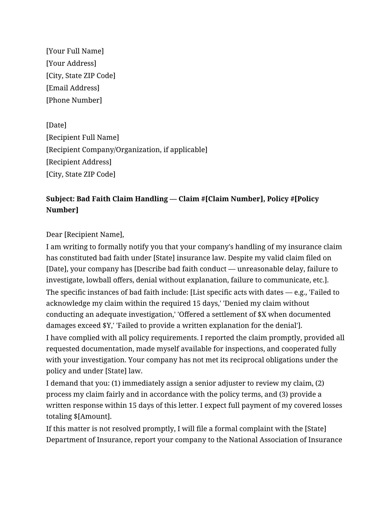 Bad Faith Insurance Complaint Letter Template - Free Preview
