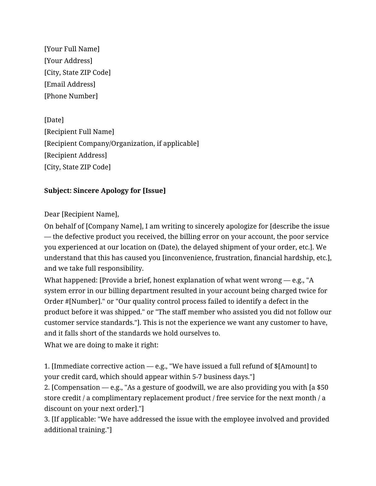 Business Apology Letter To Customer Template - Free Preview