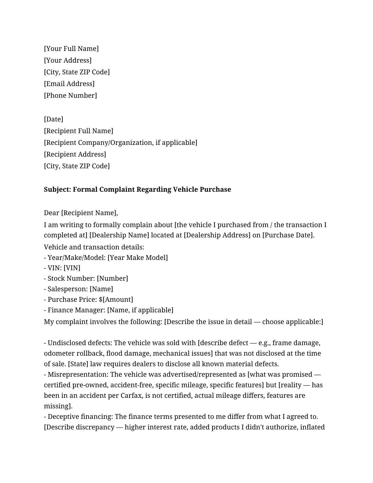Car Dealership Complaint Letter Template - Free Preview