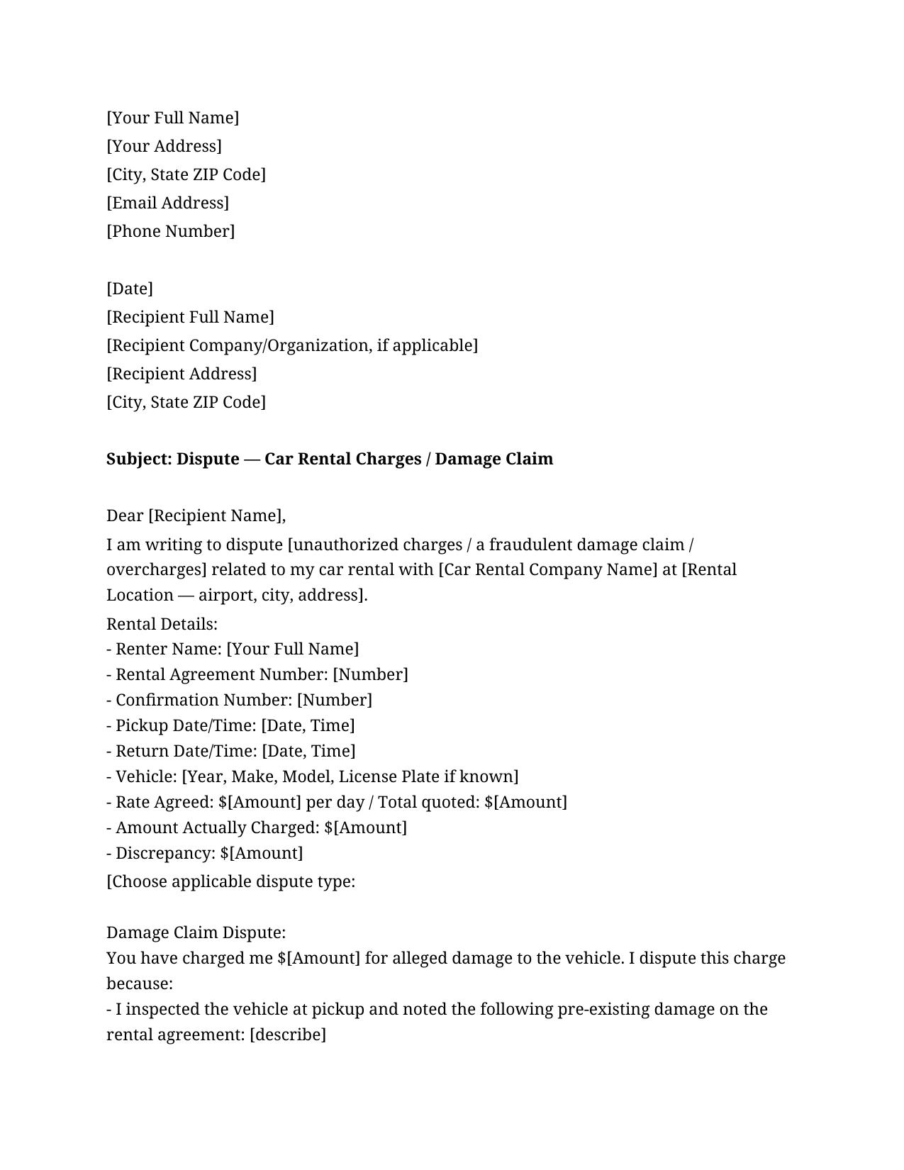Car Rental Dispute Letter Template - Free Preview