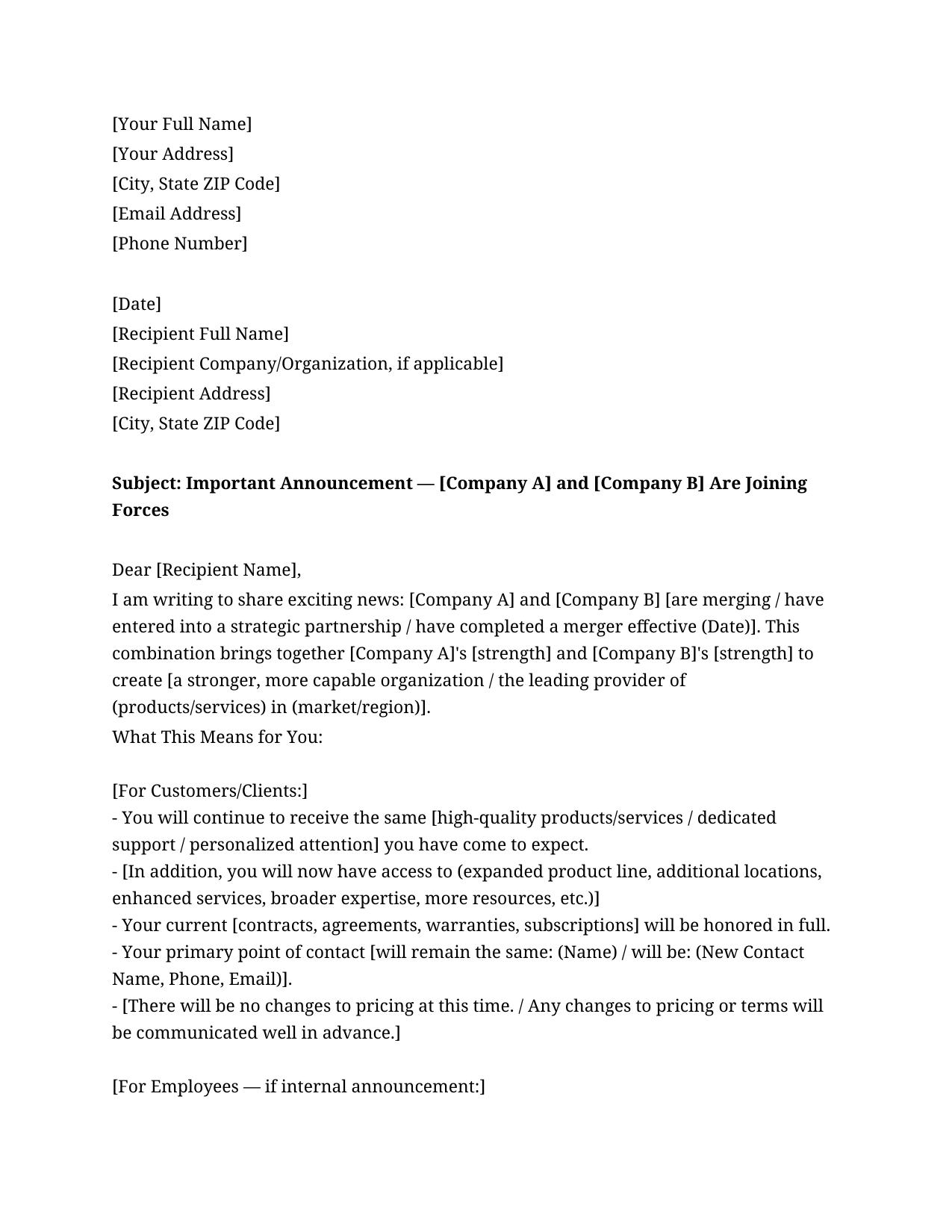 Company Merger Announcement Letter Template - Free Preview