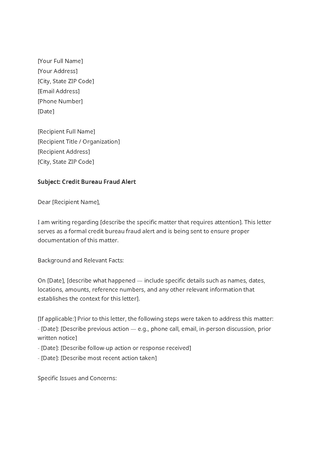 Credit Bureau Fraud Alert Letter - Free Preview