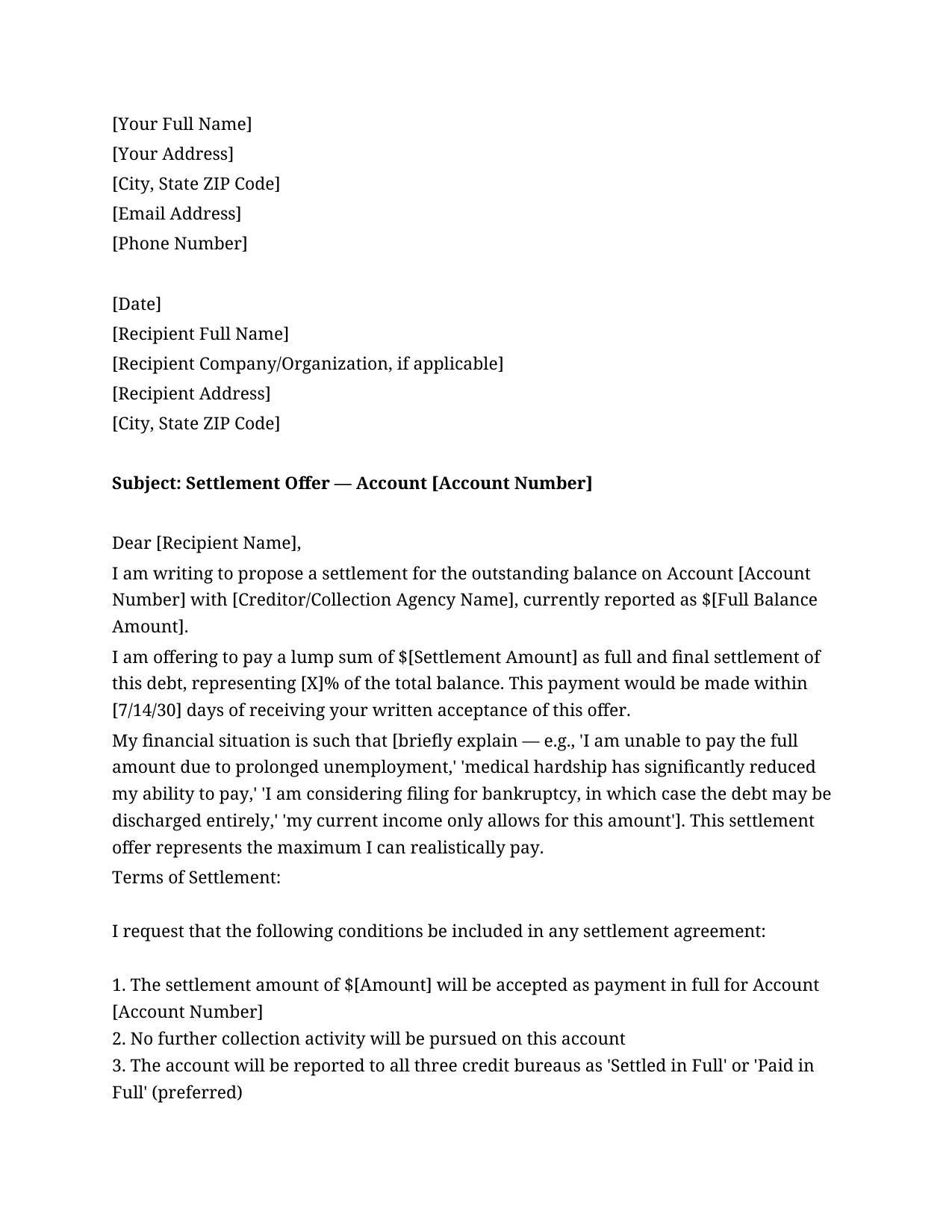 Debt Settlement Offer Letter Template - Free Preview