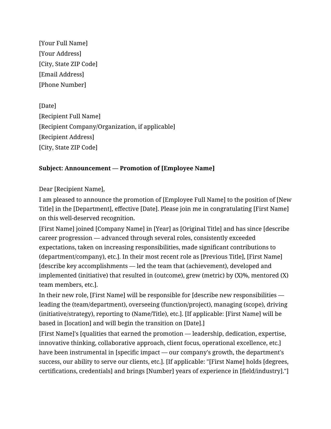 Employee Promotion Announcement Letter Template - Free Preview