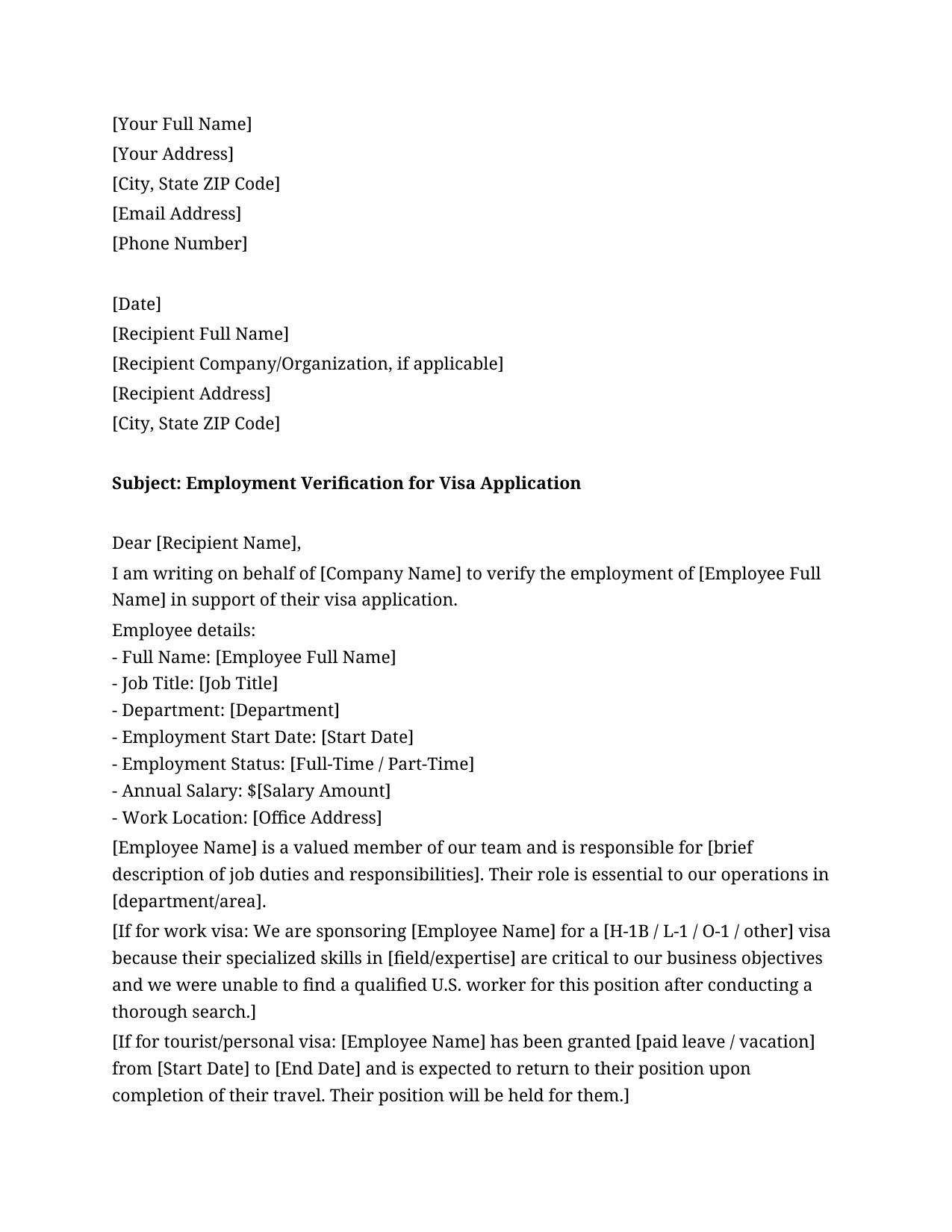 Employment Verification Letter For Visa Template - Free Preview
