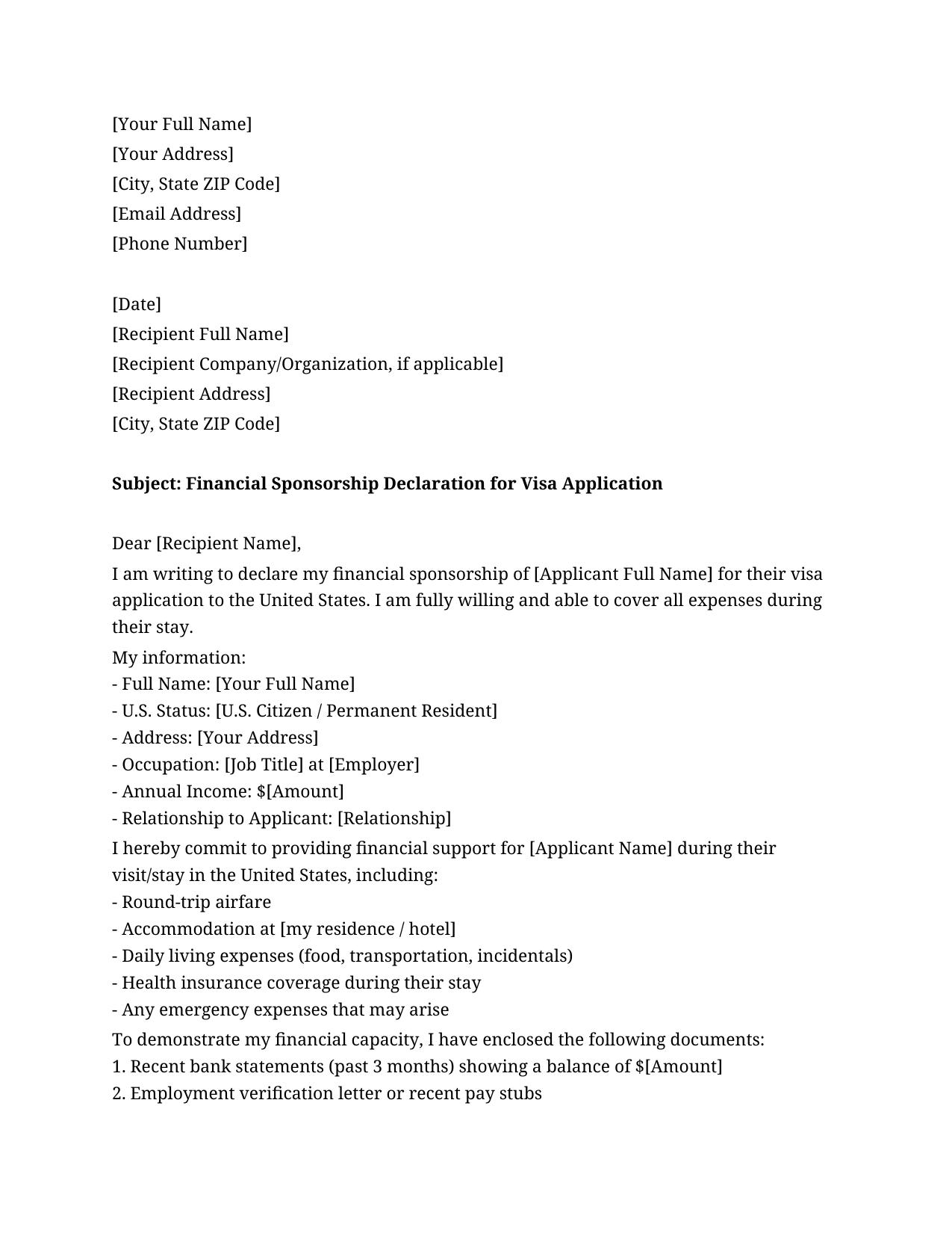 Financial Sponsorship Letter For Visa Template - Free Preview