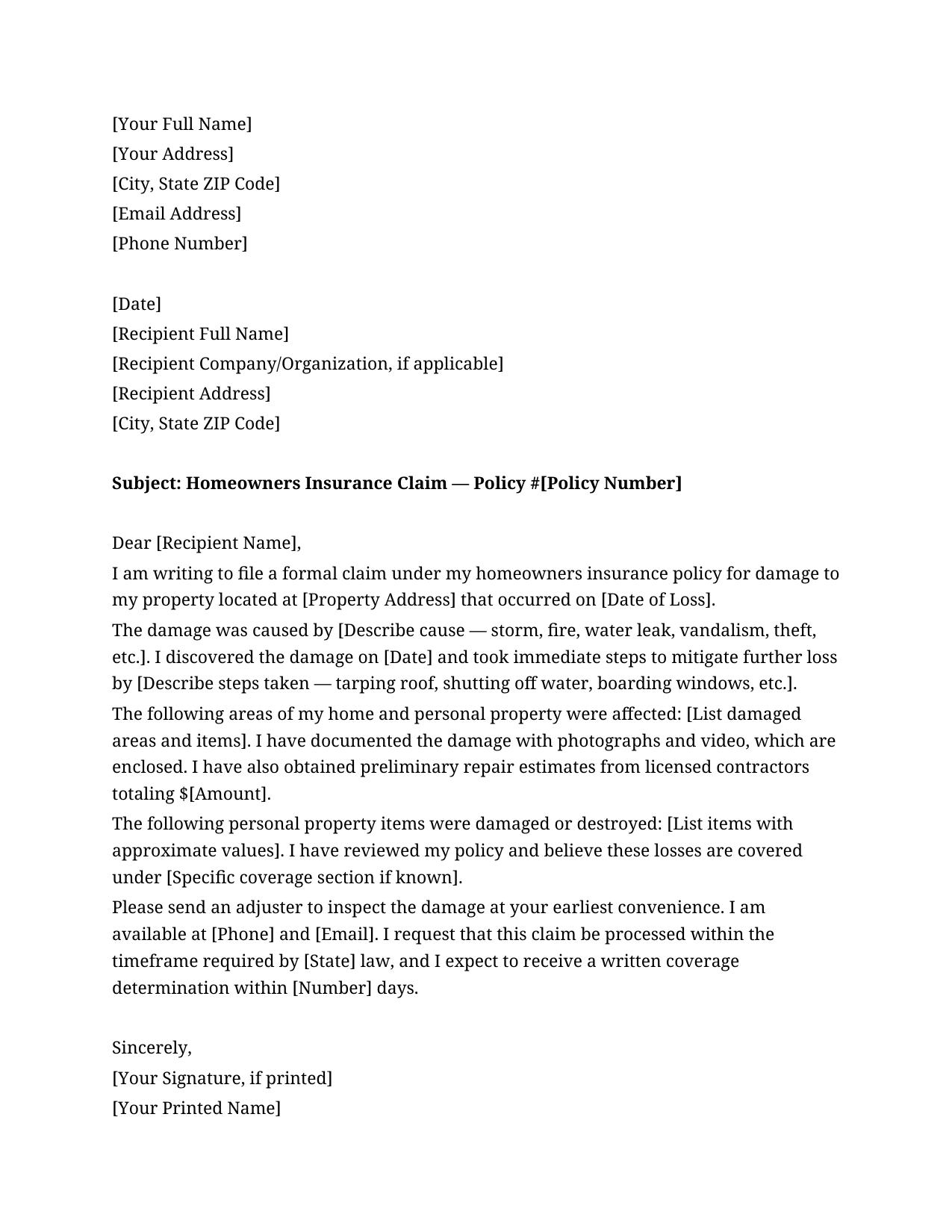 Home Insurance Claim Letter Template - Free Preview