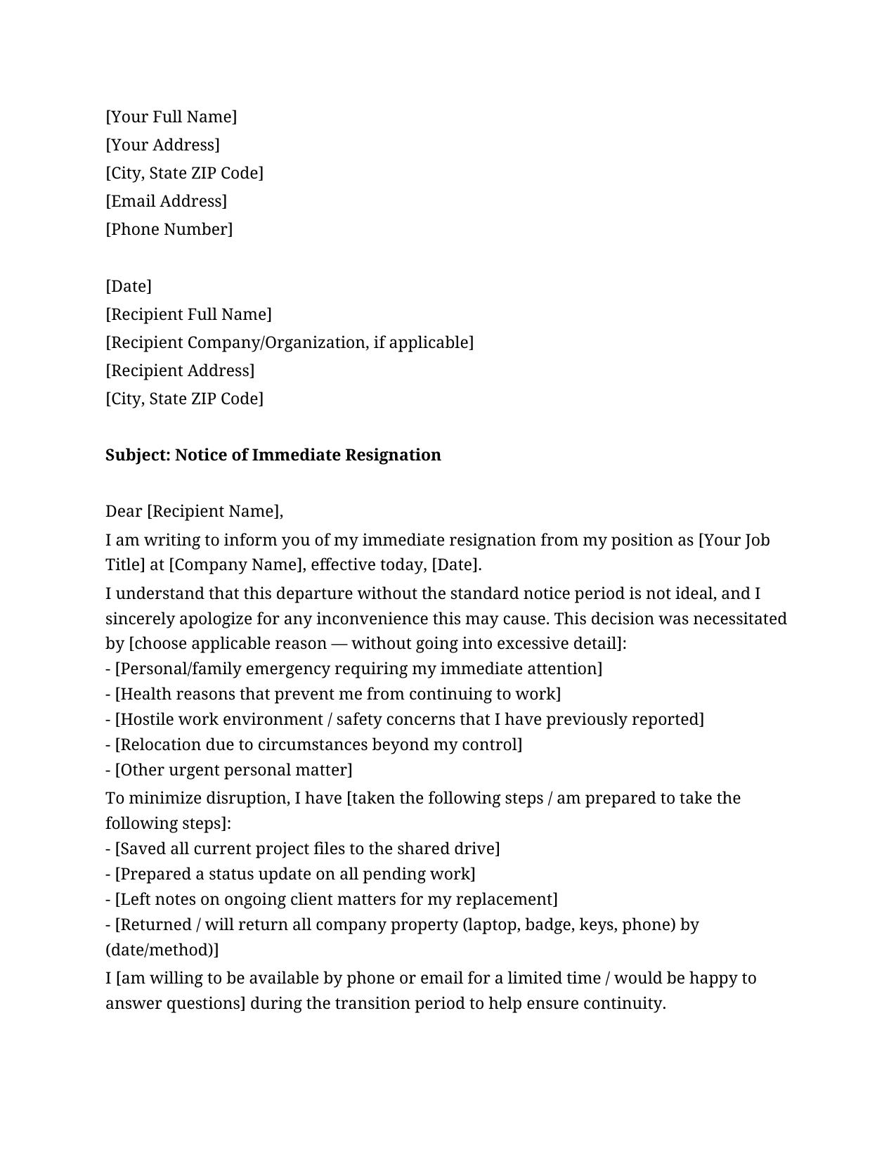 Immediate Resignation Letter Template - Free Preview