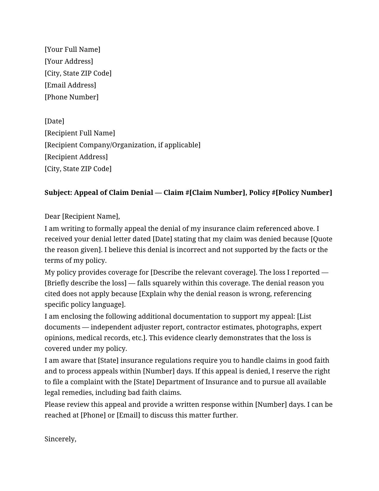 Insurance Claim Denial Appeal Letter Template - Free Preview