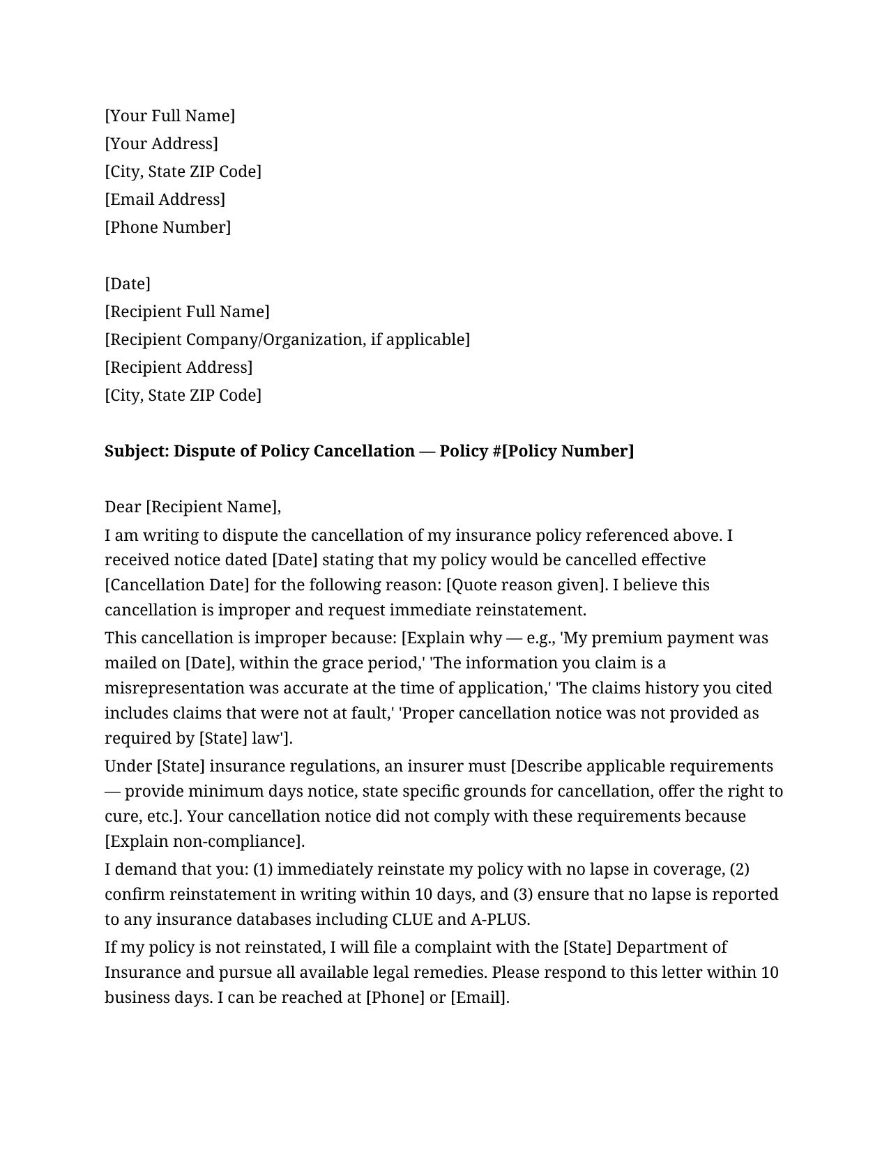Insurance Policy Cancellation Dispute Letter Template - Free Preview