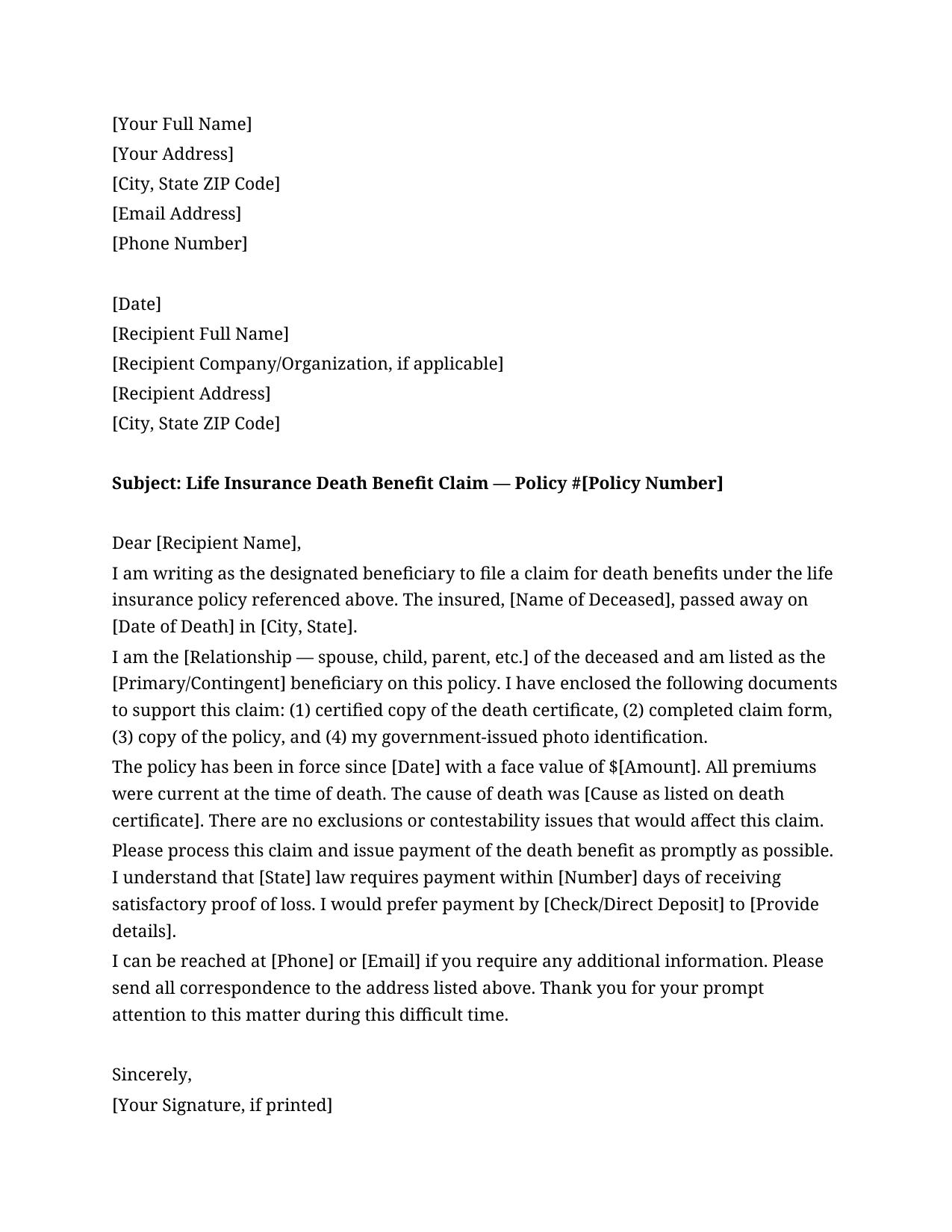 Life Insurance Claim Letter Template - Free Preview