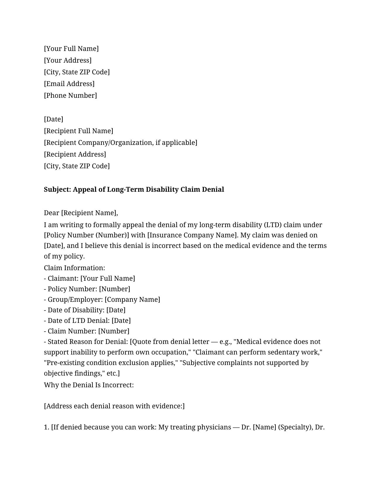 Long Term Disability Appeal Letter Template - Free Preview