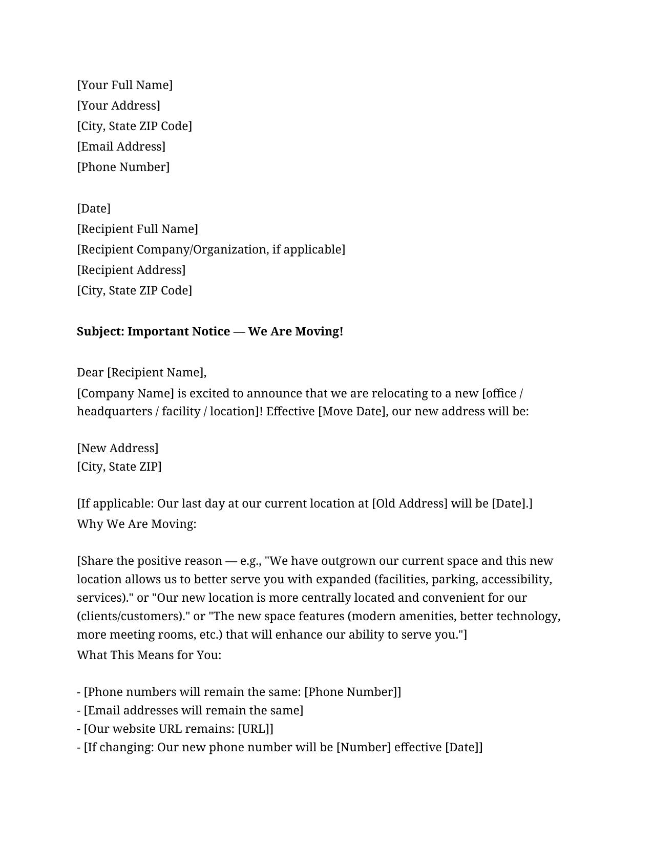 Office Relocation Notice Letter Template - Free Preview
