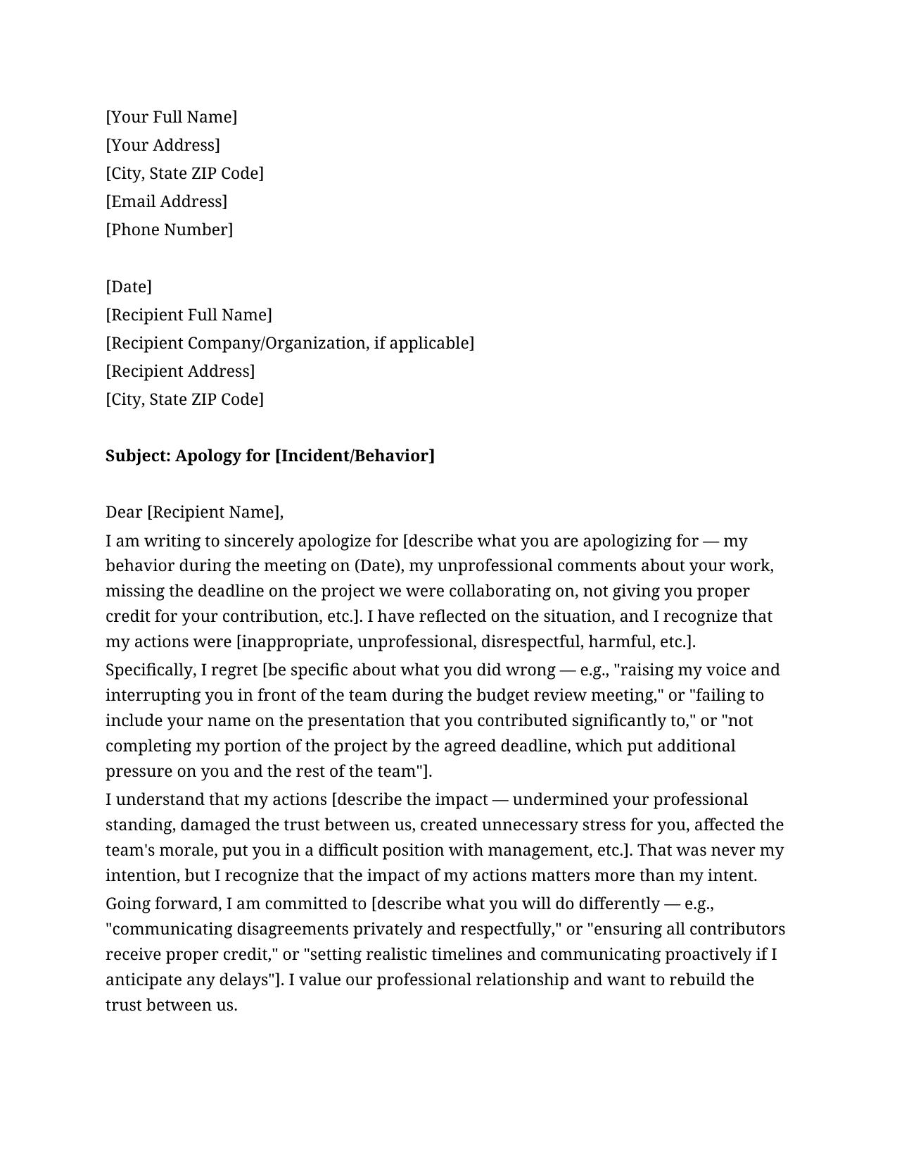 Professional Apology Letter To Colleague Template - Free Preview