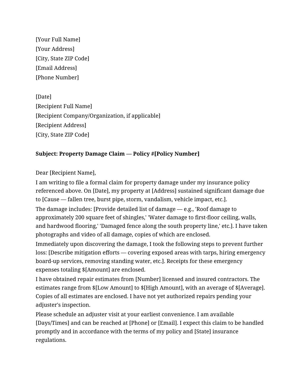 Property Damage Insurance Claim Letter Template - Free Preview