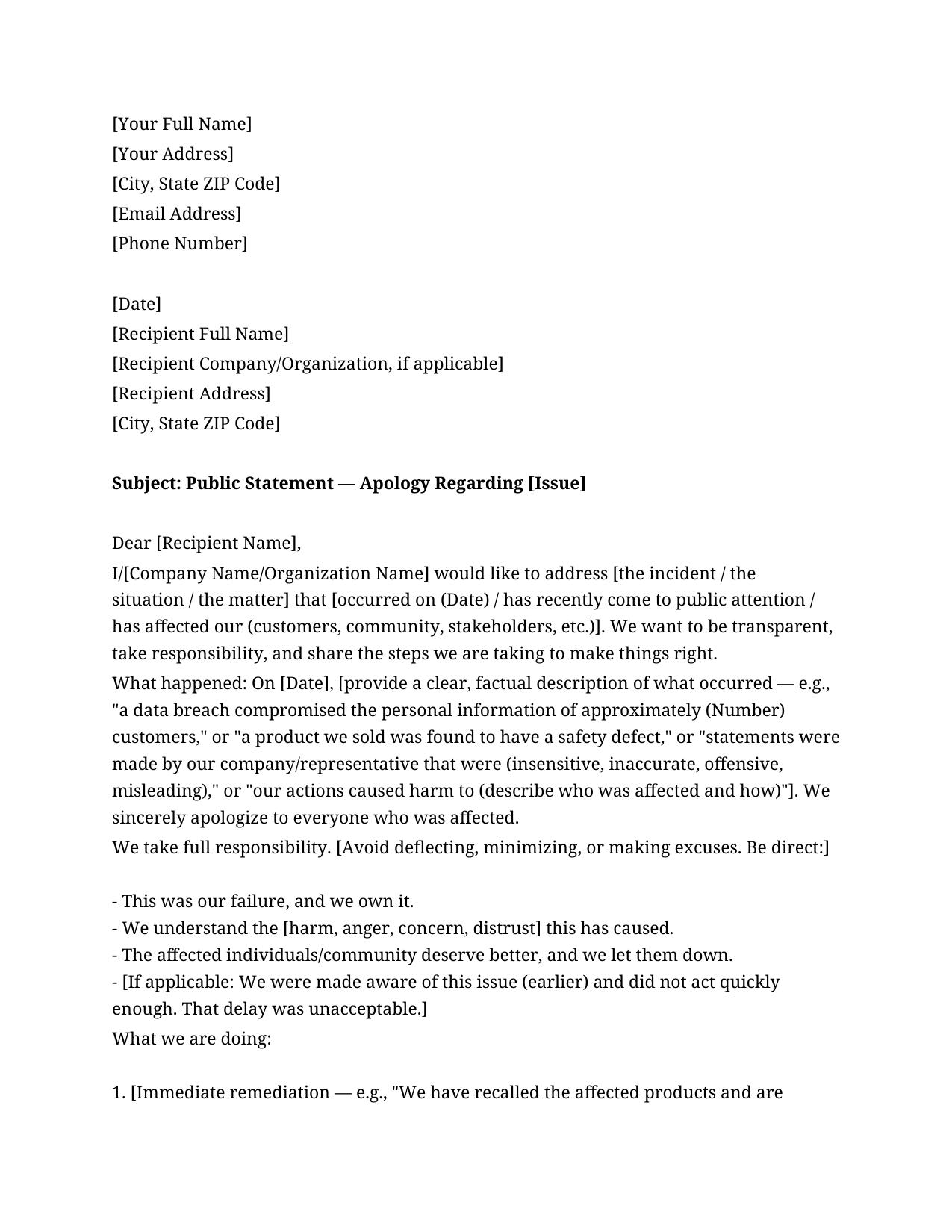 Public Apology Statement Letter Template - Free Preview