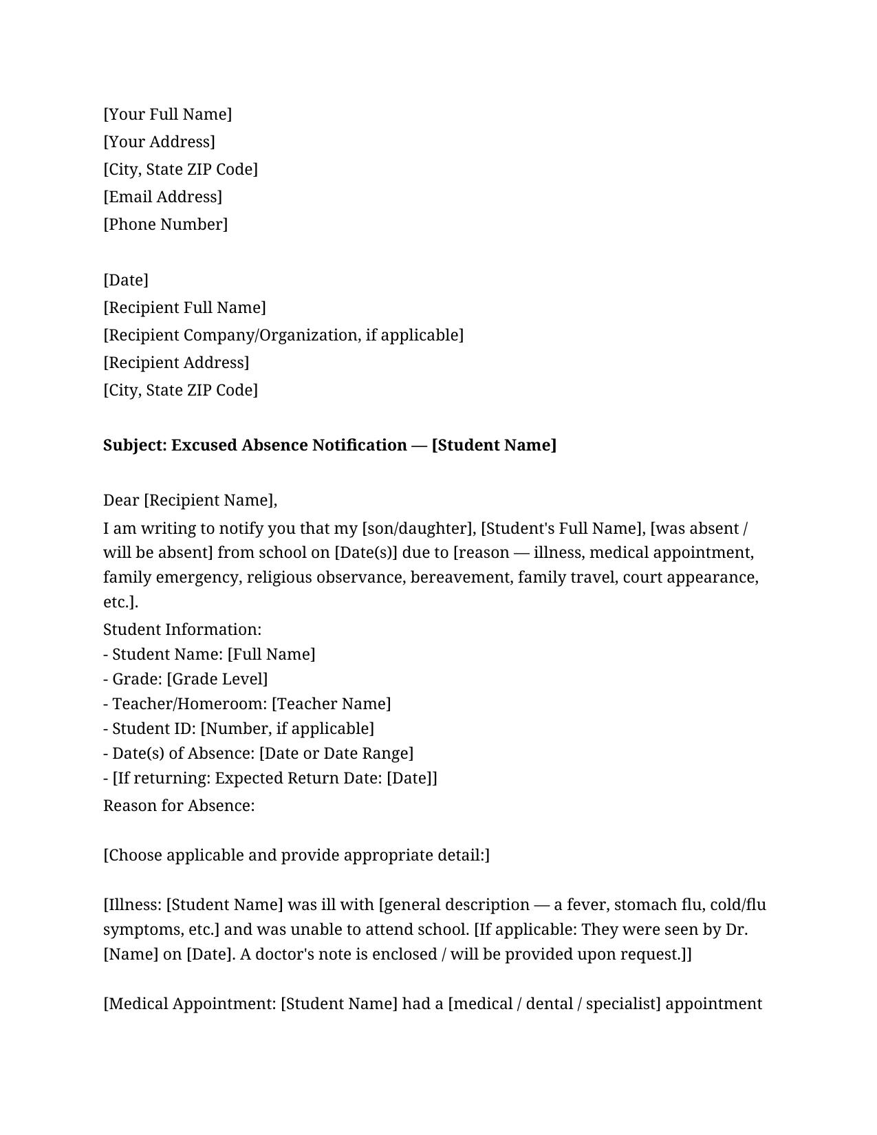 School Absence Excuse Letter Template - Free Preview