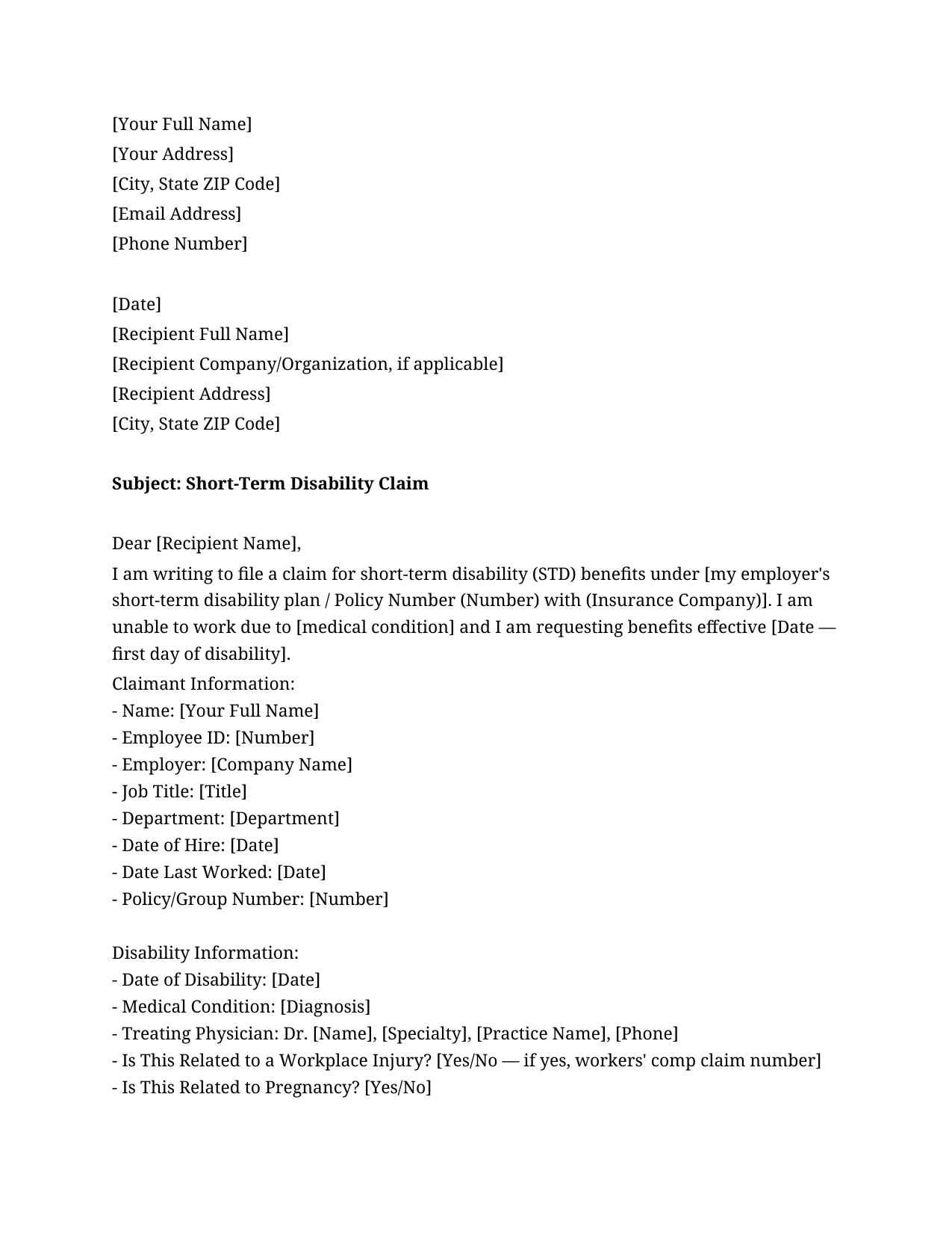 Short Term Disability Claim Letter Template - Free Preview