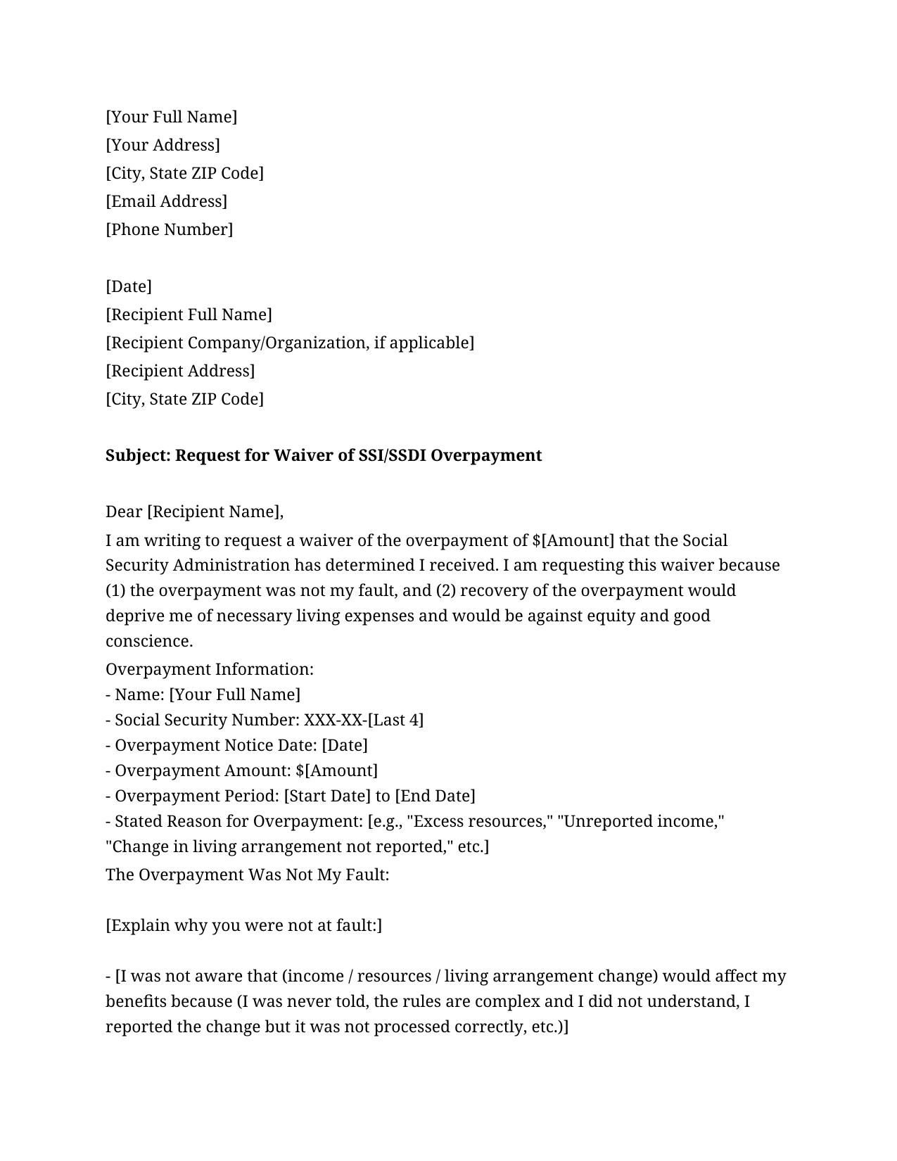 Ssi Overpayment Waiver Request Letter Template - Free Preview