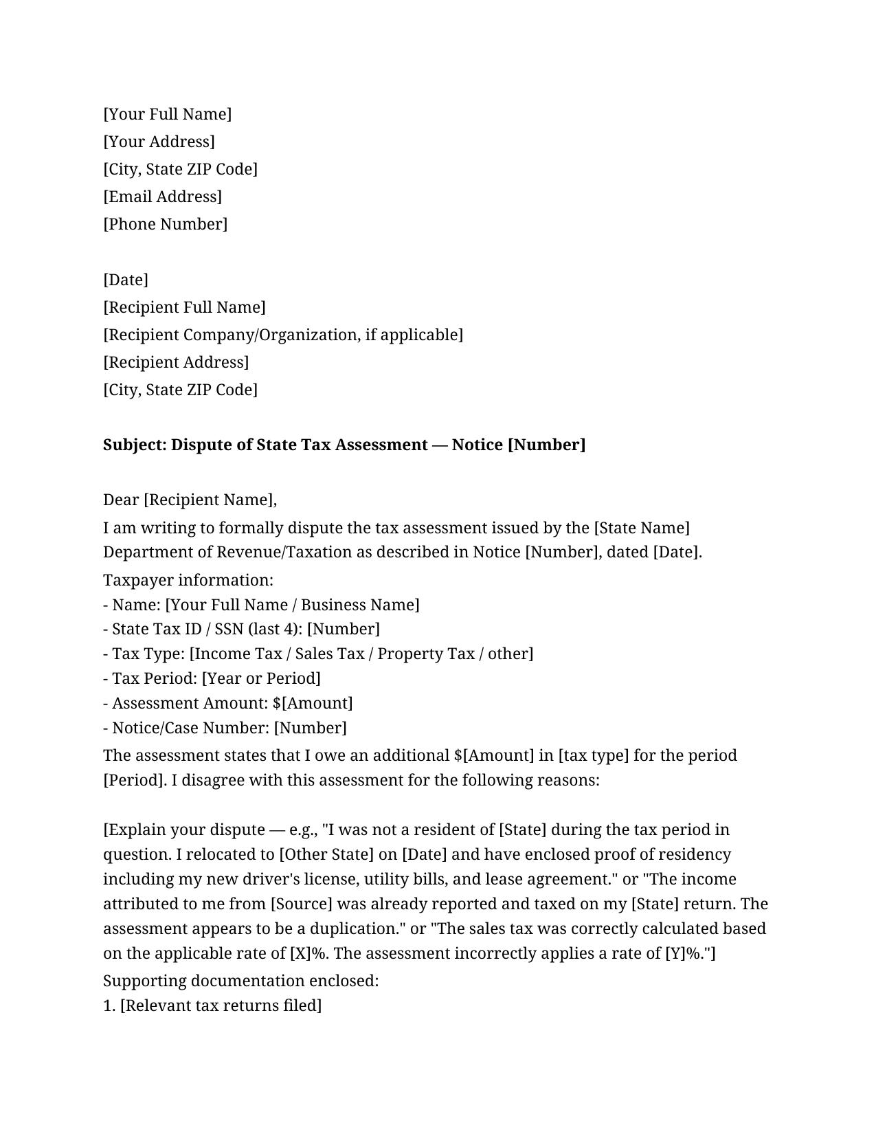 State Tax Dispute Letter Template - Free Preview