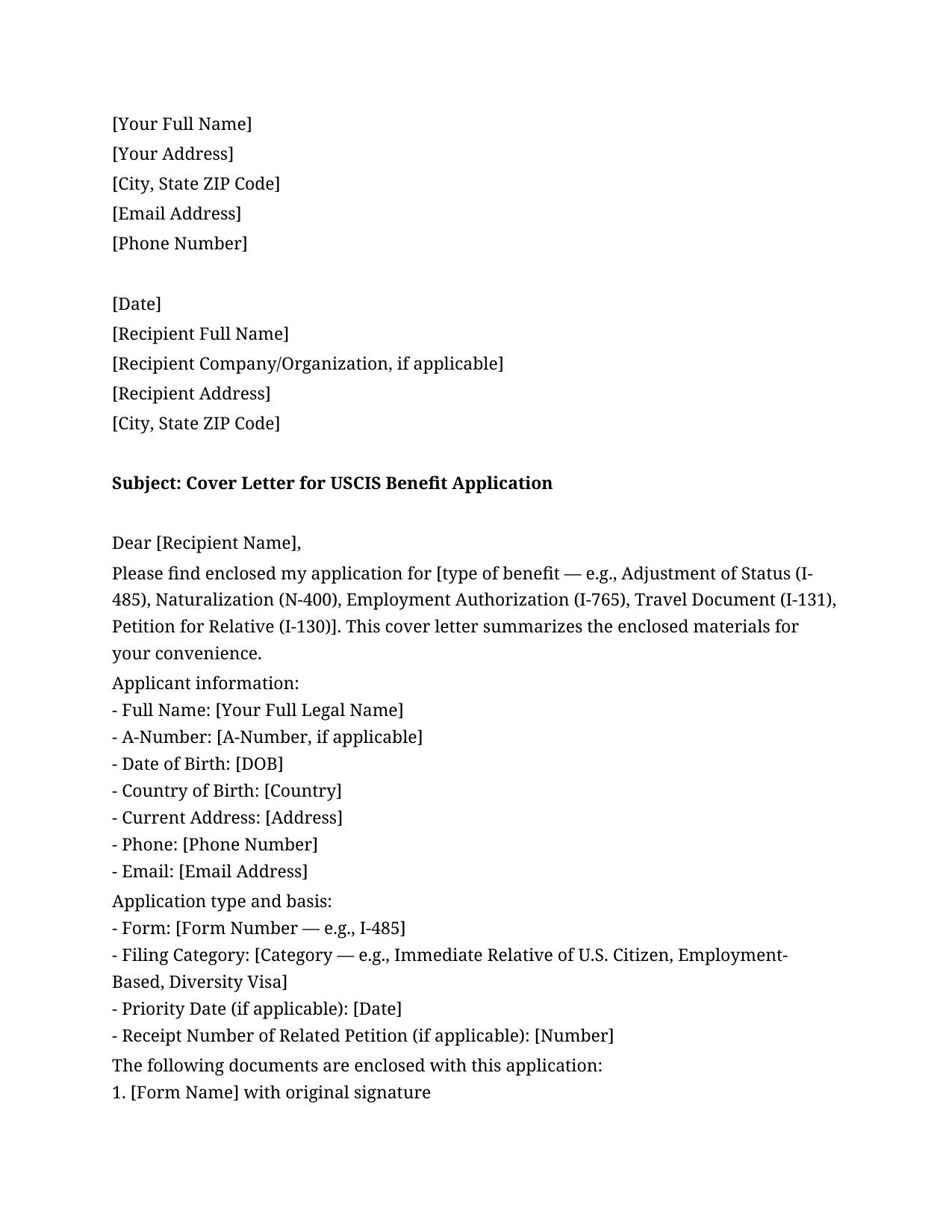 Uscis Cover Letter Template - Free Preview