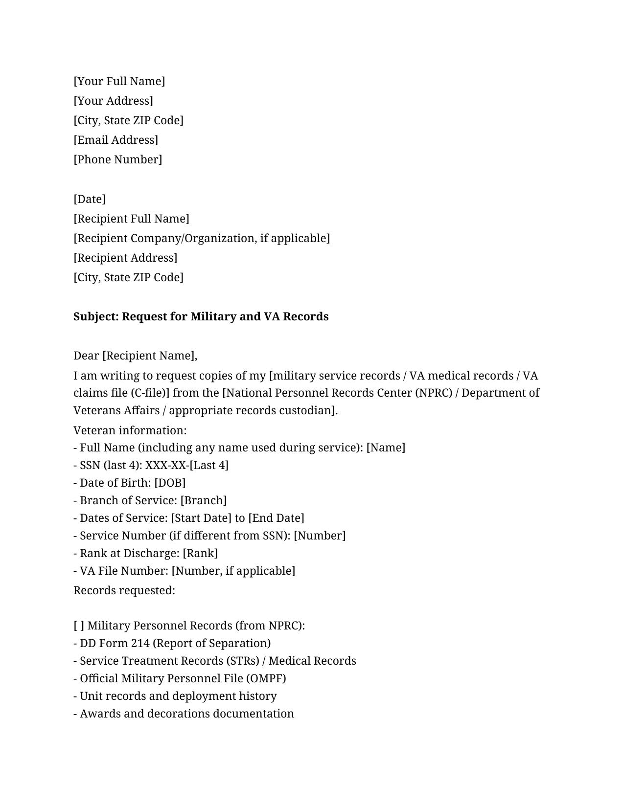 VA Records Request Letter Template - Free Preview