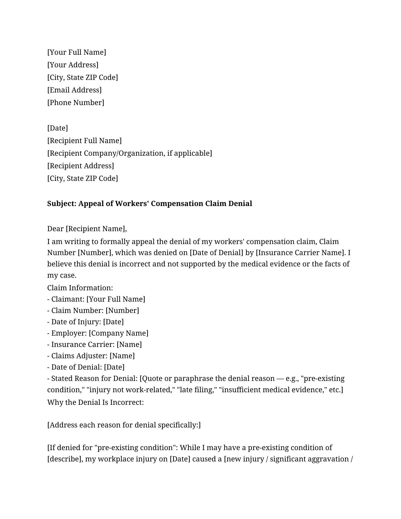 Workers Compensation Appeal Letter Template - Free Preview