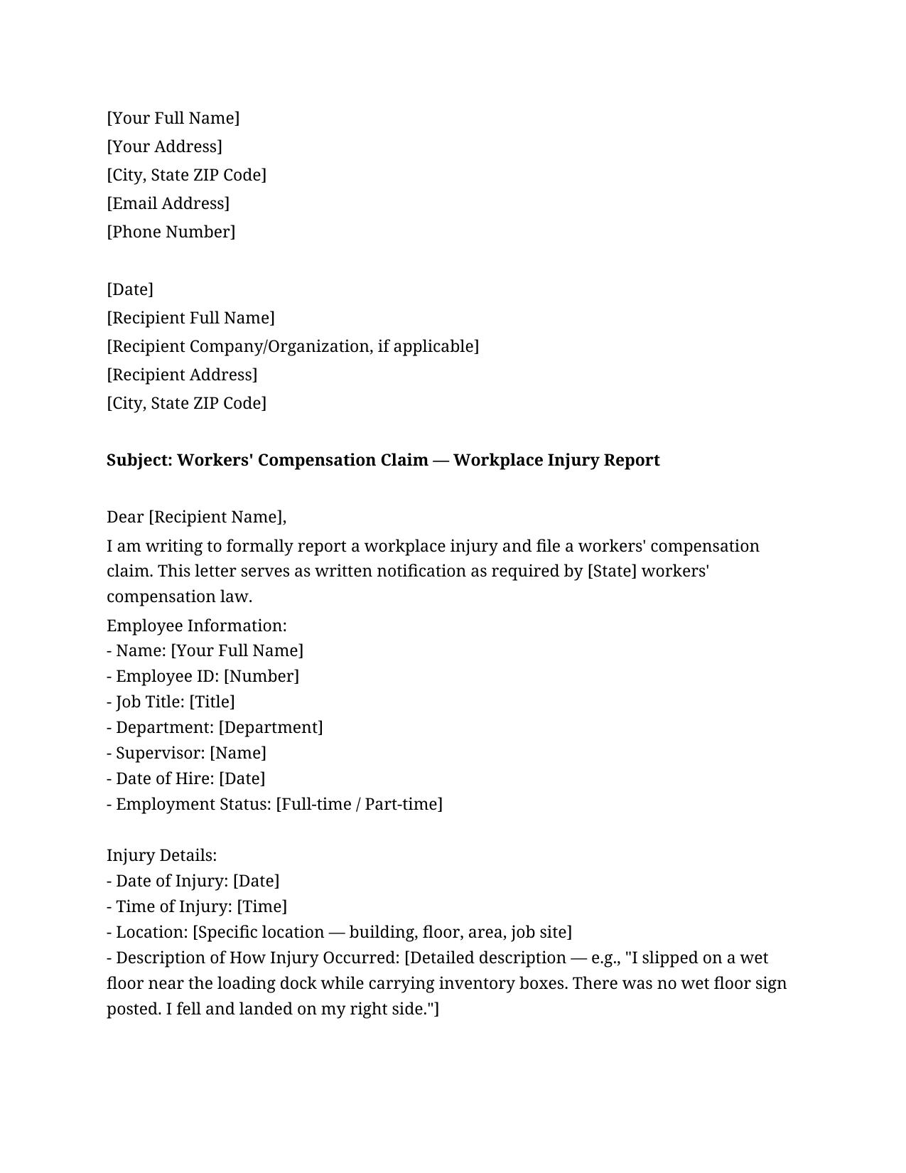 Workers Compensation Claim Letter Template - Free Preview